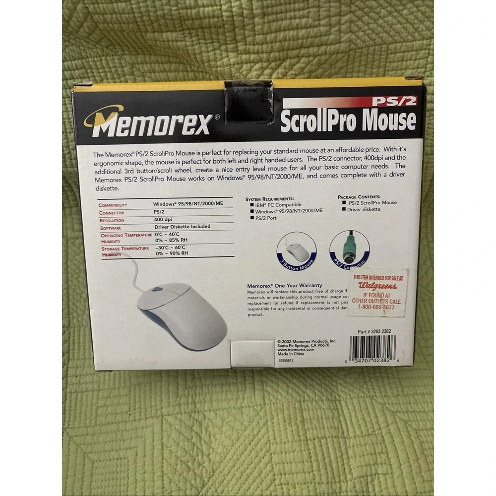 Vintage 2002 Memorex PS/2 ScrollPro Wired Computer Mouse Part # 3202 2382 New